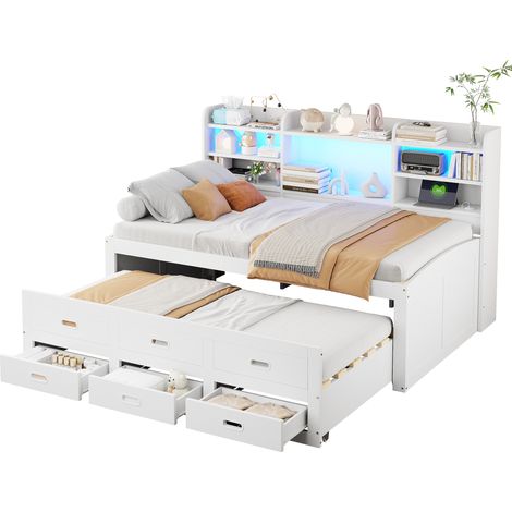 Letto estraibile 90x200 cm con LED, 3 cassetti, vani notturni, USB e Type-C, letto supplementare, bianco, senza materasso, ideale per piccoli spazi - CHICFURN (1/5)