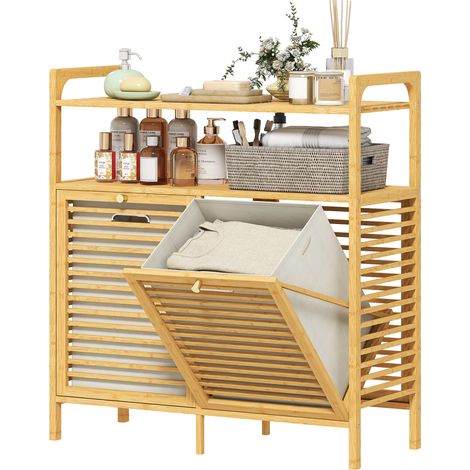 Étagère à linge en bambou 2 paniers salle de bain buanderie bois naturel blanc crème