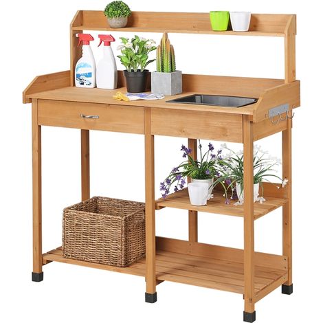 Homevive Mesa de Trabajo Jardín para Plantación con Terraza Balcón Gancho Fregadero Cajón 114.8x45x121 cm Color Madera Natural (1/5)