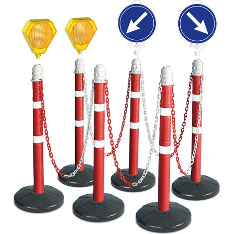 BRB Kit de poteaux de chaîne, 6 supports de chaîne, 10 m, 2 lampes clignotantes solaires, 1 panneau de signalisation « Passer à droite », 1 panneau de signalisation « Passer à gauche »