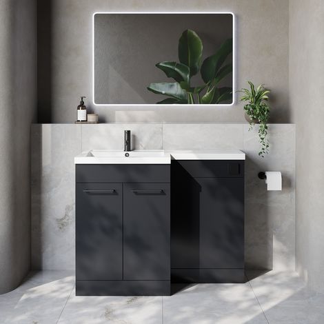 Napoli 460 Gloss Grey 1100mm 2 Door Vanity Unit Toilet Suite with Left Hand Square Lucia Basin - 1100mm - Matt Black 160mm HandleWithout Kingston Toilet Pan