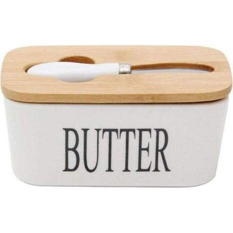 Beurrier en porcelaine blanche avec couteau et couvercle en bois, pour 250 g, 16,5 x 10 x 7,5 cm (1/5)