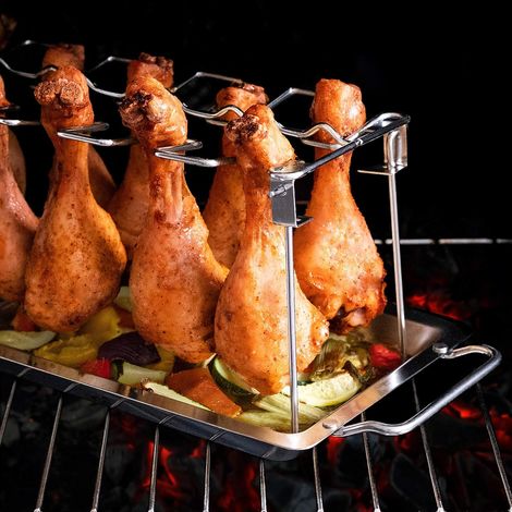 Hähnchengrill - Hähnchenschenkelhalter - BBQ-Hähnchengrill - Hergestellt aus robustem und langlebigem Edelstahl, bietet Platz für bis zu 12 Hähnchenschenkel, spülmaschinenfest.