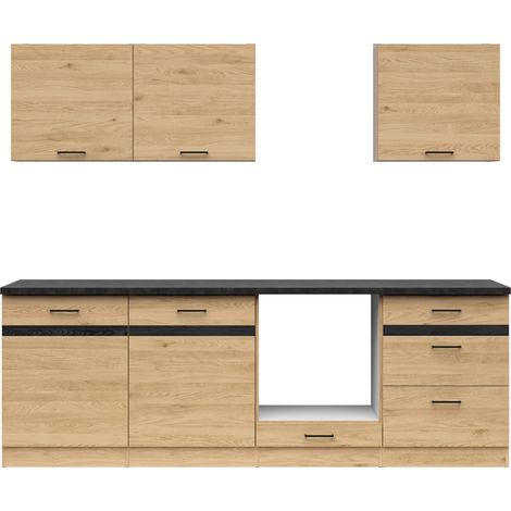 Cuisine complète 240 cm,Ensemble de meuble de cuisine coloris Chêne Bernstein, plan de travail coloris Ardoise noir-or (1/5)