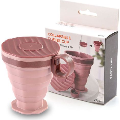 Mug de voyage pliable avec couvercle – Tasse à café/eau – Silicone – Rose – (1/5)