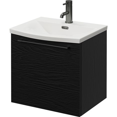 Napoli 390 Nero Oak 500mm Wall Mounted Single Drawer Vanity Unit with Arc Basin - 500mm - Gunmetal Grey 320mm Handle