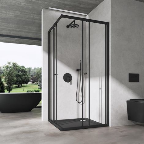 doporro Box Doccia Angolare 75x80x190cm Nero Cabina Doccia con Porta Scorrevole in Vetro di Sicurezza ESG Trasparente Rivestimento Easy-Clean, Inclusa Piatto Doccia, Ravenna16k (1/5)