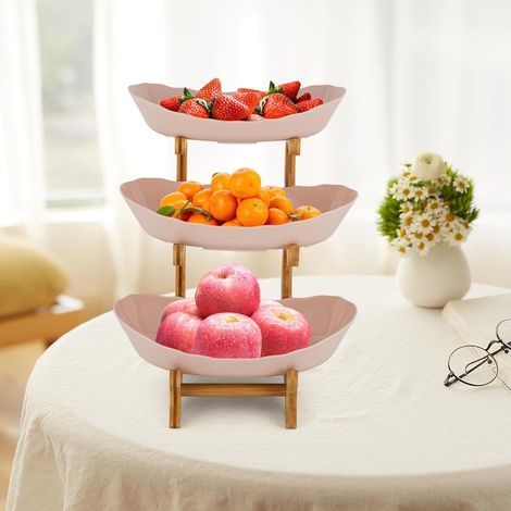 Obst Etagere 3 Stöckig Obstschale mit Bambusholzständer 3-Tier Servierschalen mit Ständer Geeignet zum Ablegen von Obst Süßigkeiten Desserts usw (Beige)