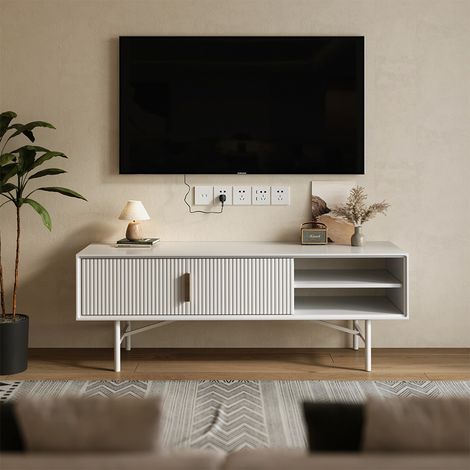 140cm W White Striped Wooden TV Stand (1/5)