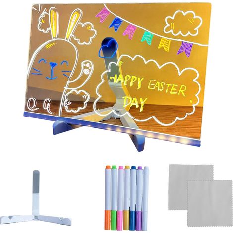 Bloc-notes LED coloré - Tableau blanc lumineux effaçable à sec avec support, tableau en acrylique, peut être utilisé comme tableau blanc lumineux pour mémos au bureau, à l'école ou à la maison (20 cm (1/5)