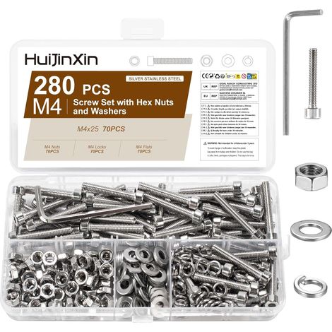 lot de 280 vis m4, acier inoxydable 304, tête hexagonale creuse, écrous et rondelles, assortiment pour maet bricolage (1/5)