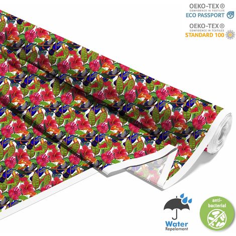 Outdoor-Dekostoffe Oxford - Motiv gemalte Blumen und Tukane (1/5)
