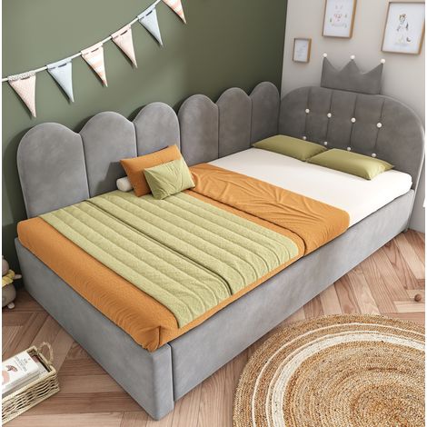 Cama nido tipo diván en terciopelo gris 90x200 cm con cama extraíble 90x190 cm, cabecero corona y diseño de rejilla