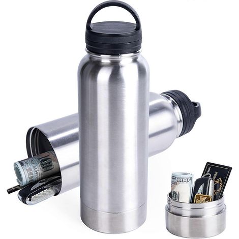 Gourde 710 ml (24 oz) en acier inoxydable avec compartiment secret pour protéger objets de valeur (argent clés) - Couleur argent (1/5)
