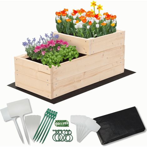 MODO24 Carré potager surélevé en bois, 2 niveaux en cascade, 27x30x63 cm, jardin/terrasse, kit jardinier inclus, naturel