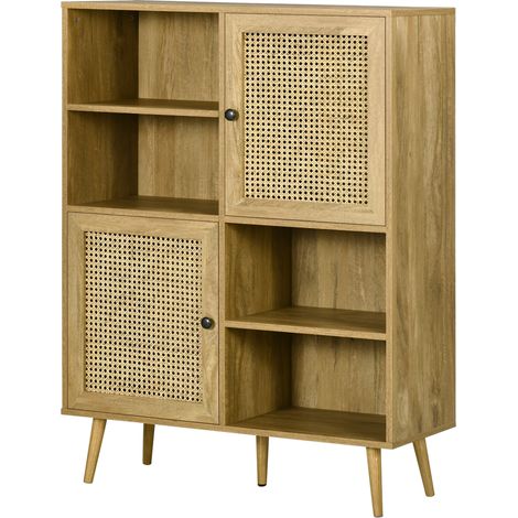 Buffet armoire cannage design 2 portes aspect bois 90x32,5x120 cm