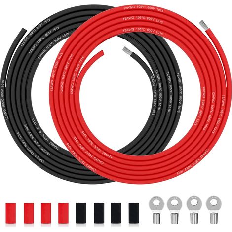 Câble électrique en PVC de 3.3 mm² - 12 AWG Fil électrique de 6 m (3m noir et 3 m rouge) en cuivre étamé pour panneaux solaires, appareils électroménagers, véhicules, etc. (1/5)