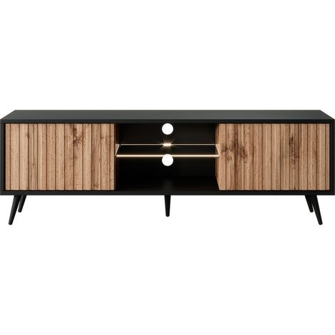 Selsey Bello - TV-Schrank mit Lamellenfronten - 135 cm - Schwarz / Wotan-Eiche mit LED (1/4)