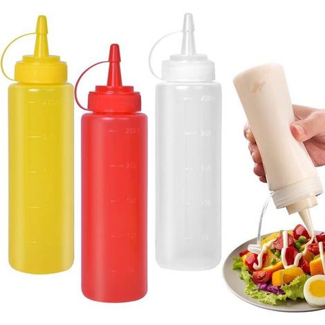 Lot de 3 bouteilles à condiments, bouteilles à sauce, bouteilles à presser de 8 oz, bouteilles en plastique souple (1/5)