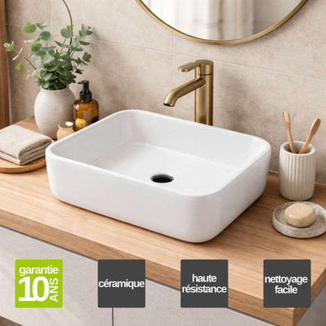 Vasque à poser rectangulaire en céramique blanc L48 x l37 x Profondeur 13 cm – SANIZEO Vesta - Idéale pour salle de bain moderne (1/5)