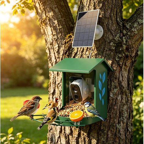 Comedero solar para pájaros con cámara 2K, 2,5 L, Wi‑Fi, IP65, verde oscuro OKWISH (1/5)