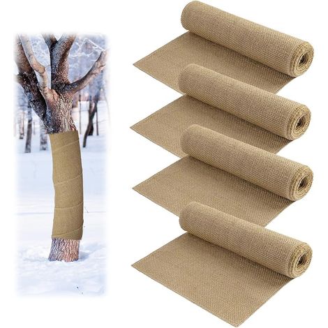 Protection de tronc d'arbre en toile de jute pour plantes d'extérieur, rouleau de toile de jute naturelle avec attaches pour buissons et plantes (4 pièces, 25 cm x 3 m) (1/5)