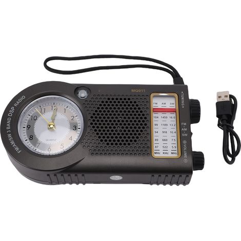 Radio portable rechargeable à piles FM AM SW multi-bande avec horloge haut-parleur 3 W pour la musique, les informations sur le trafic, gris (1/5)