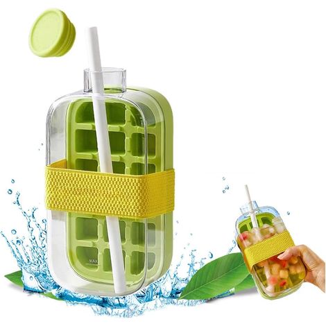 2-in-1 Eiswasserflasche mit Saugnapf – Flasche mit leicht zu bedienender Eiswürfelform und auslaufsicherem Deckel, aufrechter Eiswürfelbereiter, geeignet für Kühlschrank, Reisen, Fitnessstudio und Zuh