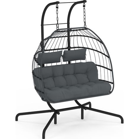 Hängesessel Ei durchbrochen 2-Sitzer Rattan-Effekt grau mit grauem Kissen