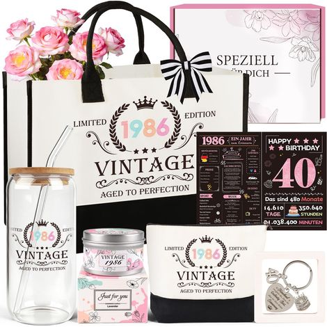 Lot de 7 cadeaux d'anniversaire vintage 1986 pour maman, petite amie, collègue, sœur - Avec sac à cosmétiques, verre à boire, bougie parfumée, porte-clés, carte (1/5)