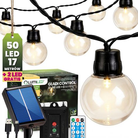 Ghirlanda solare da giardino con 50 sfere decorative a LED, 16,7 m, 3000K, luce calda + controllo Gladi Lumiled con telecomando. (1/5)