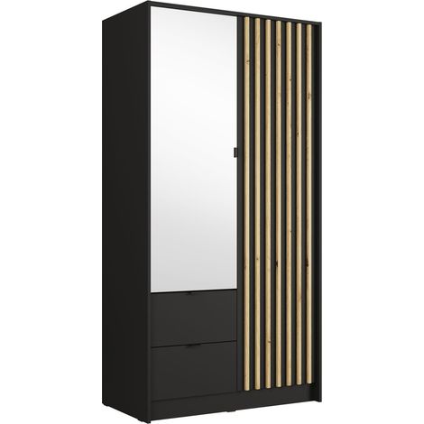 Armadio TORVIK 2 porte con specchio, cassetti e listelli nero e rovere 101 cm