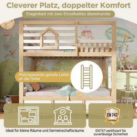 Lit superposé cabane 90x200, 2 couchages, blanc et bois clair, avec fenêtre, garde-corps, échelle fixe, coffre de rangement hydraulique, pour enfants, norme EN747, sans matelas (1/5)