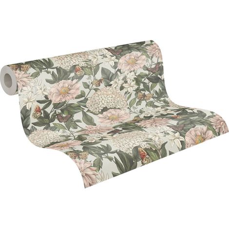 Papier peint intissé nature fond gris clair Tapisserie florale blanche, verte, rose avec papillons Papier peint intissé charme idéal chambre (1/5)