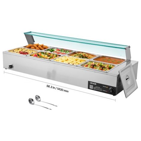 Chauffe-Plat Électrique à Vapeur 1700 W, Buffet Chauffant en Inox, Bain-marie avec 8 Bacs de 1/2, Couvercle en Verre et Louches à Soupe et Perforées, pour Servir Buffet en Libre-Service (1/3)