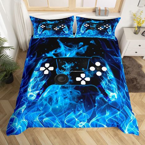 Garçons Gaming Parure de Lit 220x240cm pour Enfants Gamer Parure Housse de Couette Jeu Vidéo Housse de Couette Room Decor Luxury Blue Flame Modern Gamepad Collection Réversible - 220x240cm (1/5)