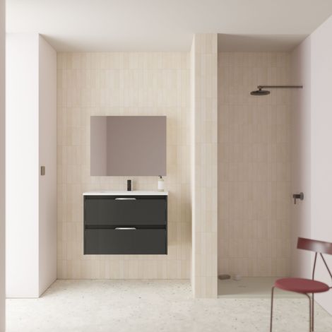 SUKI 60 Meuble simple vasque avec deux tiroirs, effet Anthracite brillant Il comprend la vasque en céramique. (Sans miroir)