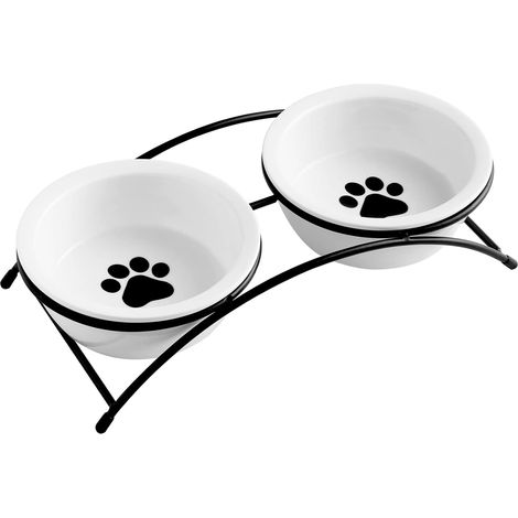 Elevated Cat Bowls, Dog Bowl, Ceramic Raised Cat Food Water Bowl Set with Metal Stand for Indoor Cats Small Dog, Prevent Neck Pain,12 Ounces, Cute Paw Pattern (1/5)