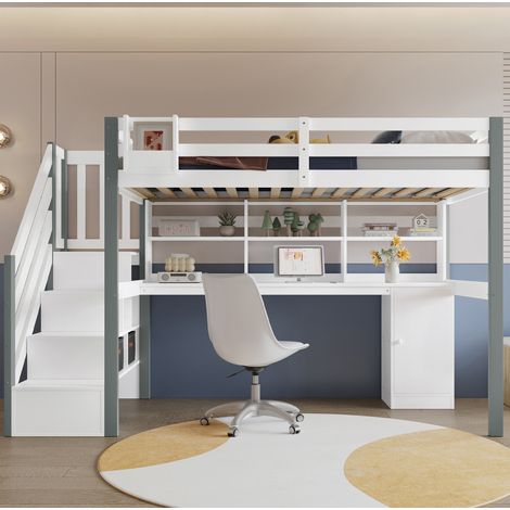 struttura letto 90x200 scrivania libreria bianco grigio HAVRYA (1/5)