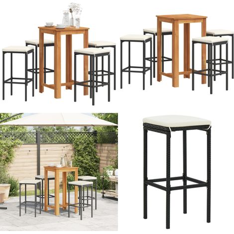Ensemble de bar de jardin 5 pcs noir bois massif acacia rotin - Ensemble Salon De Jardin - Mobilier De Jardin - Set De Bar Extérieur - Table Et Chaises De Bar - Table Basse Extérieure - Home & Living