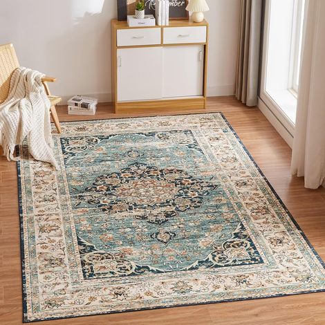 Tapis Salon Lavable Chambre Pile Courte et Douce 120X170CM Carpet Doux Chambre Rectangulaire Tapis Intérieur Extérieur Dessous antidérapant Bleu Vintage (1/5)
