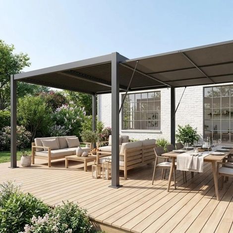 Pergola bioclimatique aluminium et acier 4x3m + auvent 4m anthracite Palace