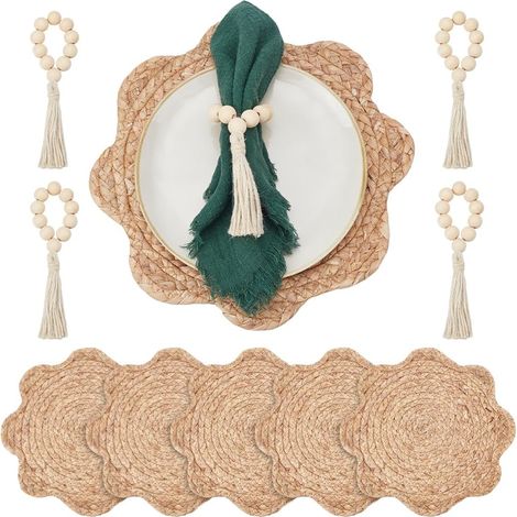 Lot de 6 Set de Table Rond en Rotin Tressé, 30cm Sets de Table en Rotin Tressé en Forme de Fleur avec 6 Pcs Rond de Serviette en Bois pour Mariage Repas Décoration Intérieure Fêtes'Parent'-'- (1/5)