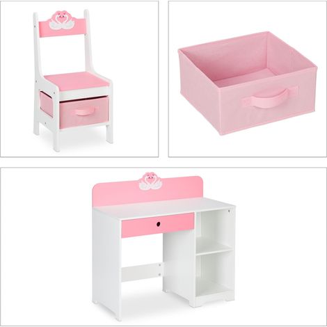 Scrivania e sedia per bambini per cameretta 70 x 50 x 70 cm con contenitori motivo cigno in MDF bianco 130012323