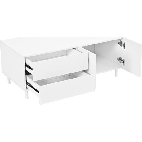Table basse rectangulaire blanche avec rangements volet arc, plateau en panneaux de particules et pieds en acier (1/5)