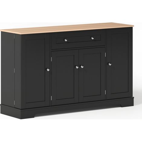 Aparador de cocina negro de MDF 138 cm con cajón, 4 puertas y estantes regulables (1/4)