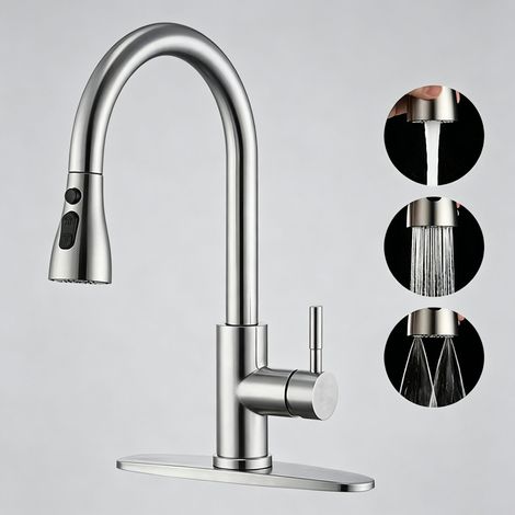 CYUNSHOP - Robinet extractible inox 304 E/C, 3 modes, télesc. universel (finition brossée, tuyau+embase) (1/5)