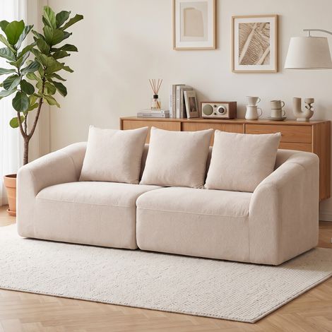 Canapé 3 places, canapé nuage en chenille sans structure, rembourrage à ressorts épais, assise extra large, 3 coussins, beige (1/5)