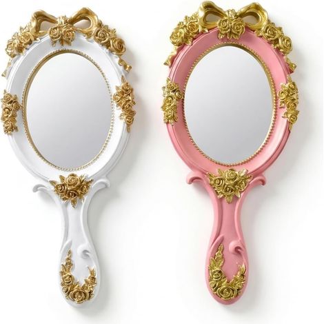 Miroir à Main Vintage - 2 Pièces - Motif Rose en Relief Blanc et Rose - Verre Sans Distorsion - Maquillage et Voyage - Format Portable (1/5)