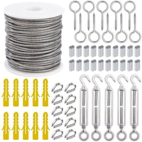 Câble Métallique Suspendre Kit 2mm Corde en Acier Inoxydable 30m avec Tendeur Vis à œillet Manchons en Aluminium Cosse Coeur 56 Piècesdengyank (1/5)